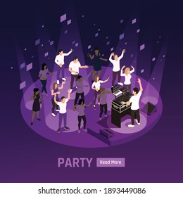 Dj disco stage laser projector strobe lights effects dark violet night party background isometric composition vector illustration