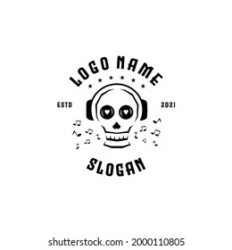 DJ ( Disk Jockey ) logo vector template. With skull wear headphone CD cassette album and silhouette concept as rock metal genre song playlist. Apply to web site, app brand, cool shirt design