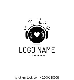 DJ ( Disk Jockey ) logo vector template. With CD cassette album and love silhouette concept as romantic feel, love song playlist. Beautiful track list icon. Apply to web site, app element design brand