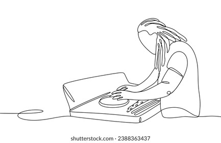 A DJ with dreadlocks stands at the console and creates techno music. World Techno Day. One line drawing for different uses. Vector illustration.