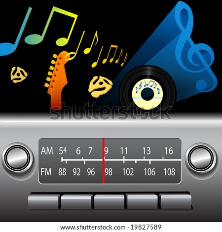 DJ drive time on a retro AM FM Dashboard Radio. Gold notes for golden oldies, blue music symbol for cool blues, jazz etc.