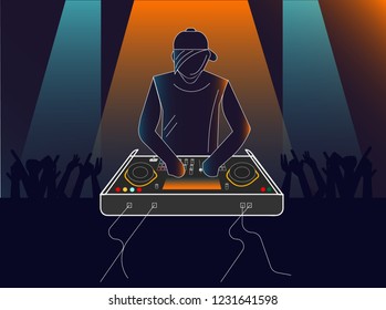 Dj with EDM mixing and producing machine instrument under colorful club light in night club