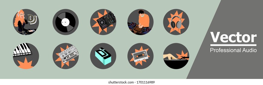 DJ and electronic music vector set icons. Images can be placed on t-shirts. Symbols of popular musical equipments. Nightlife and clubs Illustrations. Girl and man as a DJ. 