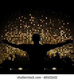 DJ Entertaining Crowd On A Gold Mosaic Background