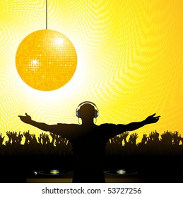 DJ entertaining crowd with spakling yellow disco ball and abstract halftone background