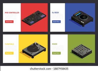 DJ equipment 4 background isometric compositions set with audio mixer vinyl record player turntable controller vector illustration