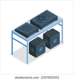 DJ equipment. Mixing console. DJ machine in nightclub. Equipment for professional DJ. Blurred club behind mixing console. Sound and musical equipment. Audio technology. 2338