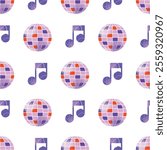 DJ equipment seamless pattern including turntables, mixer, speakers, headphones, disco ball, and music isolated on background. Flat vector style illustration. Music and party concept