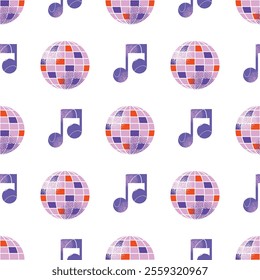 DJ equipment seamless pattern including turntables, mixer, speakers, headphones, disco ball, and music isolated on background. Flat vector style illustration. Music and party concept