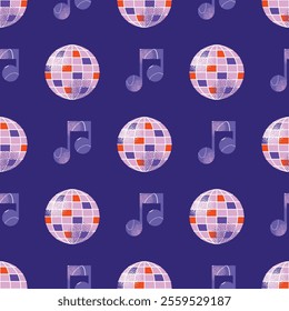 DJ equipment seamless pattern including turntables, mixer, speakers, headphones, disco ball, and music isolated on background. Flat vector style illustration. Music and party concept