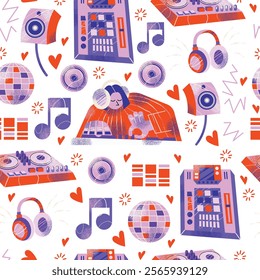 DJ equipment seamless pattern including turntables, mixer, speakers, headphones, disco ball, and music isolated on background. Flat vector style illustration. Music and party concept