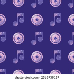 DJ equipment seamless pattern including turntables, mixer, speakers, headphones, disco ball, and music isolated on background. Flat vector style illustration. Music and party concept