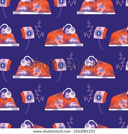 DJ equipment seamless pattern including turntables, mixer, speakers, headphones, disco ball, and music isolated on background. Flat vector style illustration. Music and party concept