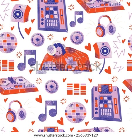 DJ equipment seamless pattern including turntables, mixer, speakers, headphones, disco ball, and music isolated on background. Flat vector style illustration. Music and party concept