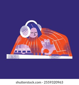 DJ equipment set including turntables, mixer, speakers, headphones, disco ball, and music isolated on background. Flat vector style illustration. Music and party concept