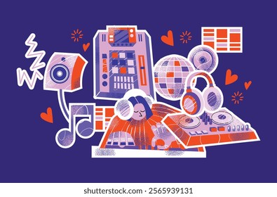 DJ equipment set including turntables, mixer, speakers, headphones, disco ball, and music isolated on background. Flat vector style illustration. Music and party concept