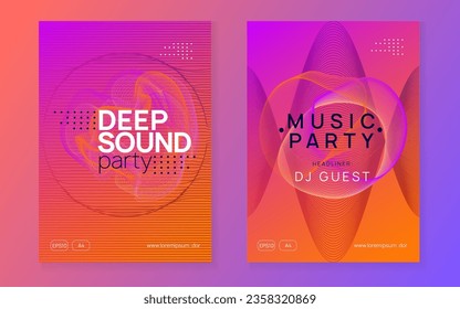 Dj event. Commercial discotheque cover set. Dynamic gradient shape and line. Dj event neon flyer. Techno trance party. Electro dance music. Electronic sound. Club fest poster.