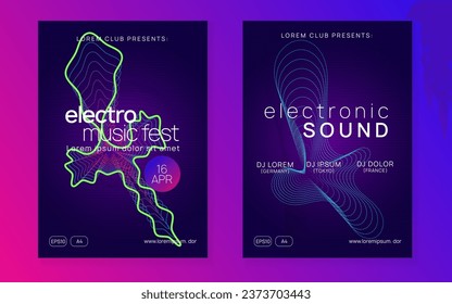 Dj event. Cool concert cover set. Dynamic fluid shape and line. Dj event neon flyer. Techno trance party. Electro dance music. Electronic sound. Club fest poster.