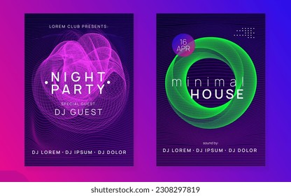 Dj event. Cool show cover set. Dynamic fluid shape and line. Dj event neon flyer. Techno trance party. Electro dance music. Electronic sound. Club fest poster.