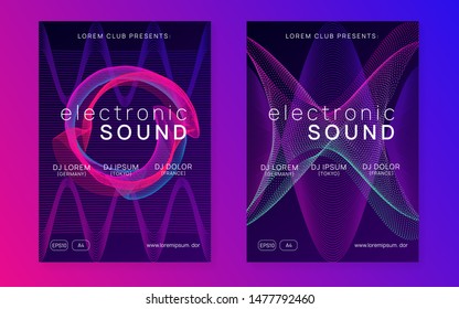 Dj event. Creative discotheque brochure set. Dynamic fluid shape and line. Dj event neon flyer. Techno trance party. Electro dance music. Electronic sound. Club fest poster.