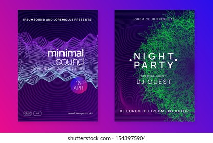 Dj event. Dynamic fluid shape and line. Cool discotheque magazine set. Dj event neon flyer. Techno trance party. Electro dance music. Electronic sound. Club fest poster.