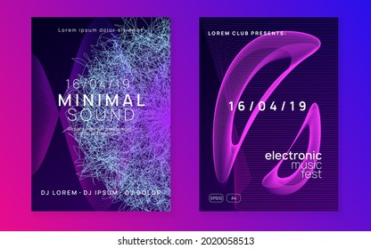 Dj event. Dynamic fluid shape and line. Minimal discotheque banner set. Dj event neon flyer. Techno trance party. Electro dance music. Electronic sound. Club fest poster.