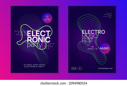 Dj event. Dynamic fluid shape and line. Modern discotheque invitation set. Dj event neon flyer. Techno trance party. Electro dance music. Electronic sound. Club fest poster.