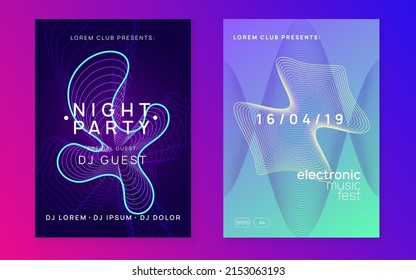 Dj event. Dynamic fluid shape and line. Wavy show invitation set. Dj event neon flyer. Techno trance party. Electro dance music. Electronic sound. Club fest poster.