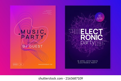 Dj event. Dynamic fluid shape and line. Cool concert magazine set. Dj event neon flyer. Techno trance party. Electro dance music. Electronic sound. Club fest poster.