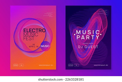 Dj event. Dynamic fluid shape and line. Wavy show magazine set. Dj event neon flyer. Techno trance party. Electro dance music. Electronic sound. Club fest poster.