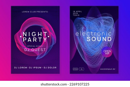 Dj event. Dynamic fluid shape and line. Digital show brochure set. Dj event neon flyer. Techno trance party. Electro dance music. Electronic sound. Club fest poster.