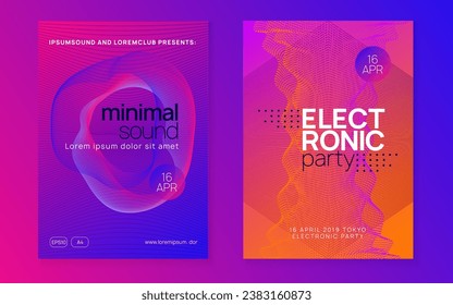 Dj event. Dynamic fluid shape and line. Cool discotheque magazine set. Dj event neon flyer. Techno trance party. Electro dance music. Electronic sound. Club fest poster.