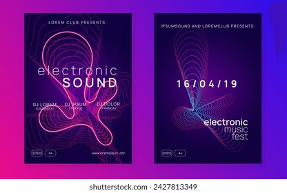 Dj event. Dynamic fluid shape and line. Geometric show brochure set. Dj event neon flyer. Techno trance party. Electro dance music. Electronic sound. Club fest poster.