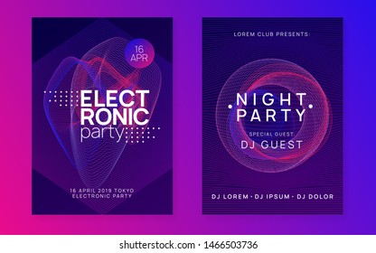 Dj event. Dynamic gradient shape and line. Curvy discotheque brochure set. Dj event neon flyer. Techno trance party. Electro dance music. Electronic sound. Club fest poster.