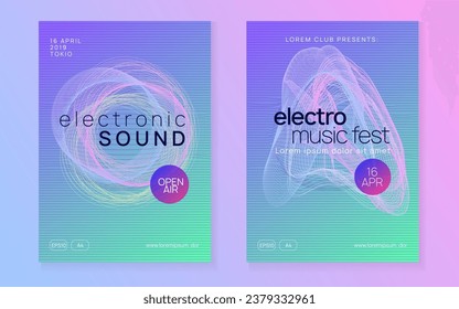 Dj event. Dynamic gradient shape and line. Wavy show cover set. Dj event neon flyer. Techno trance party. Electro dance music. Electronic sound. Club fest poster.