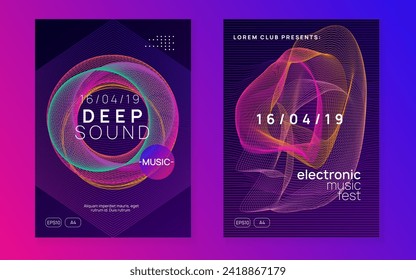 Dj event. Futuristic concert brochure set. Dynamic gradient shape and line. Dj event neon flyer. Techno trance party. Electro dance music. Electronic sound. Club fest poster.