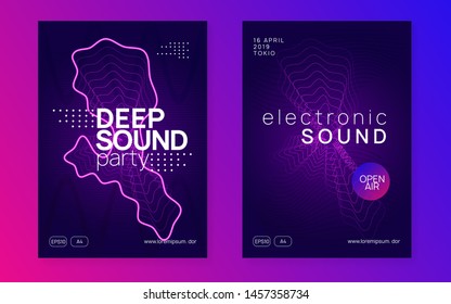 Dj event. Geometric discotheque brochure set. Dynamic fluid shape and line. Dj event neon flyer. Techno trance party. Electro dance music. Electronic sound. Club fest poster.