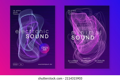 Dj event. Minimal concert invitation set. Dynamic fluid shape and line. Dj event neon flyer. Techno trance party. Electro dance music. Electronic sound. Club fest poster.