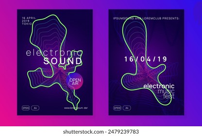 DJ-Event. Sound Flyer. Techno Trance Element. In: Soundwave Radio Illustration. In: Violet Night Club Background. Elektro-Vektorgrafik. Rosa Party-Design. Green DJ Event