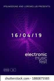 Dj event. Wavy show magazine template. Dynamic gradient shape and line. Dj event neon flyer. Techno trance party. Electro dance music. Electronic sound. Club fest poster.