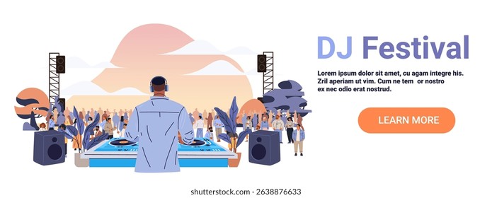 DJ festival outdoor music event crowd dancing DJ performing on stage with turntables large speakers sunset background modern flat website banner template