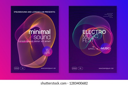 Dj flyer. Commercial show magazine set. Dynamic gradient shape and line. Neon dj flyer. Electro dance music. Electronic sound event. Club fest poster. Techno trance party.