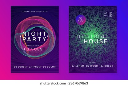 Dj flyer. Curvy discotheque cover set. Dynamic fluid shape and line. Neon dj flyer. Electro dance music. Electronic sound event. Club fest poster. Techno trance party.
