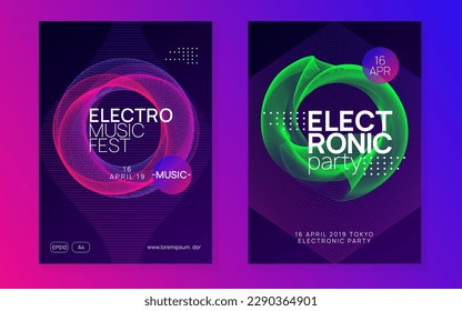 Dj flyer. Curvy show invitation set. Dynamic fluid shape and line. Neon dj flyer. Electro dance music. Electronic sound event. Club fest poster. Techno trance party.