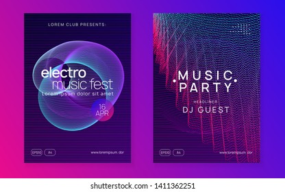 Dj flyer. Dynamic fluid shape and line. Bright discotheque cover set. Neon dj flyer. Electro dance music. Electronic sound event. Club fest poster. Techno trance party.
