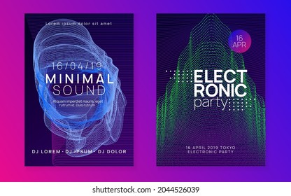 Dj flyer. Dynamic fluid shape and line. Geometric discotheque invitation set. Neon dj flyer. Electro dance music. Electronic sound event. Club fest poster. Techno trance party.