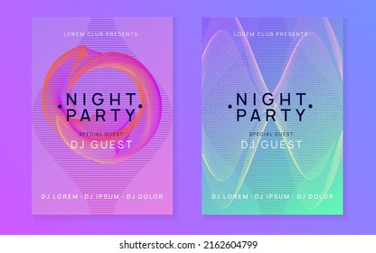 Dj flyer. Dynamic fluid shape and line. Geometric show magazine set. Neon dj flyer. Electro dance music. Electronic sound event. Club fest poster. Techno trance party.