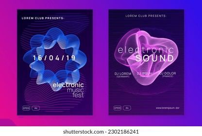 Dj flyer. Dynamic fluid shape and line. Energy show invitation set. Neon dj flyer. Electro dance music. Electronic sound event. Club fest poster. Techno trance party.