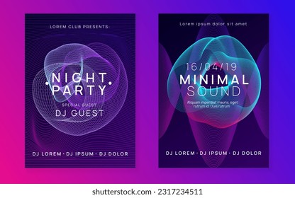 Dj flyer. Dynamic fluid shape and line. Bright show banner set. Neon dj flyer. Electro dance music. Electronic sound event. Club fest poster. Techno trance party.