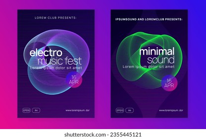 Dj flyer. Dynamic fluid shape and line. Geometric concert invitation set. Neon dj flyer. Electro dance music. Electronic sound event. Club fest poster. Techno trance party.